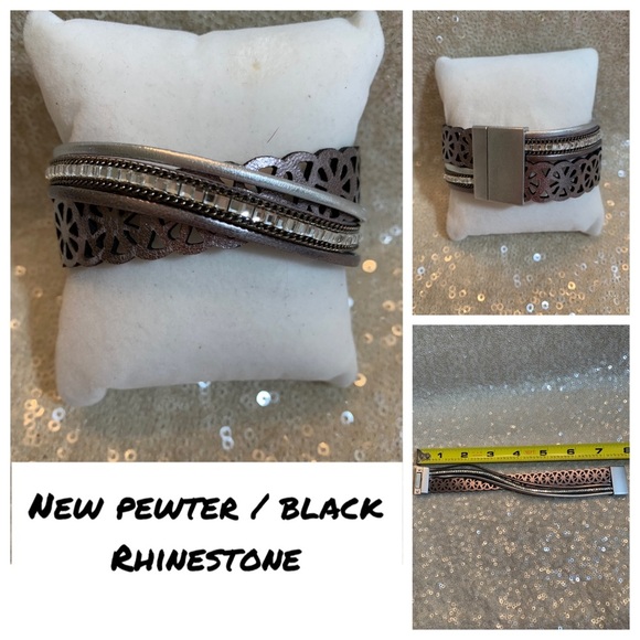 New pewter silver black rhinestone wrap bracelet - Picture 1 of 6